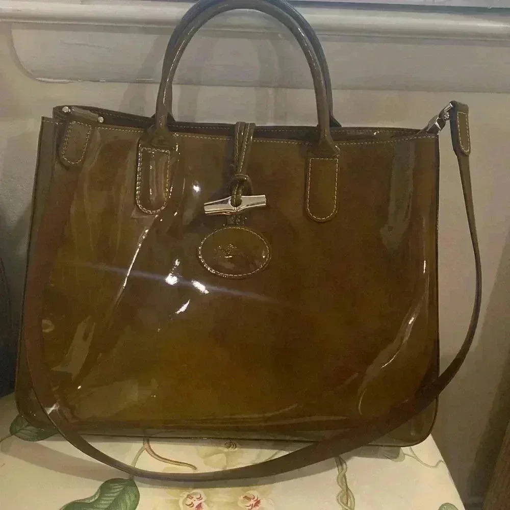 LONGCHAMP Brown Tortoise Patent Leather Large Roseau Toggle Tote - Picture 12 of 14